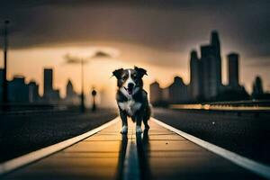 a dog standing on a bridge with the sun setting behind it. AI-Generated photo