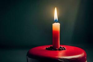 a red cake with a single candle on top. AI-Generated photo