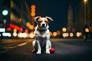 a dog sitting on the street at night with a ball. AI-Generated photo