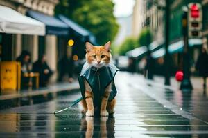 an orange cat wearing a jacket on a rainy day. AI-Generated photo