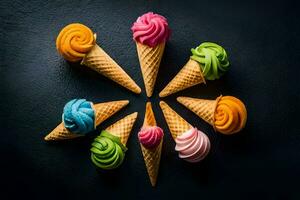 colorful ice cream cones on a black background. AI-Generated photo