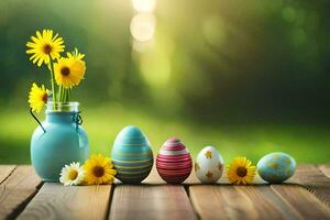 easter eggs in a vase with sunflowers on a wooden table. AI-Generated photo