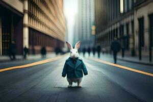 a rabbit in a blue coat standing in the middle of a city street. AI-Generated photo