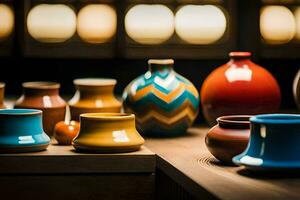 a collection of colorful vases on a wooden table. AI-Generated photo