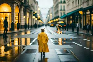 un persona en un amarillo impermeable caminando abajo un calle. generado por ai foto