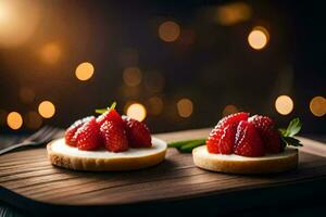 two small sandwiches with strawberries on a wooden board. AI-Generated photo