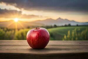manzana en el mesa en el puesta de sol. generado por ai foto