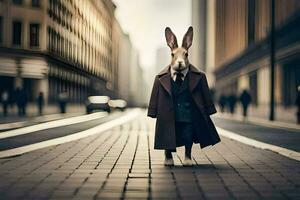 a rabbit dressed in a suit and tie walking down a street. AI-Generated photo