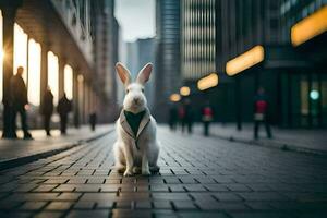 a white rabbit sitting on a brick road in a city. AI-Generated photo