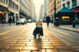 a cat in a coat standing on a brick street. AI-Generated photo