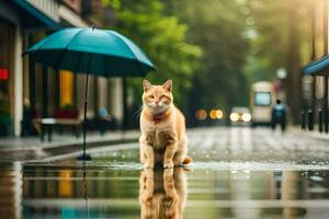 an orange cat is standing in the rain with an umbrella. AI-Generated photo