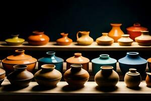 a row of colorful vases on a shelf. AI-Generated photo