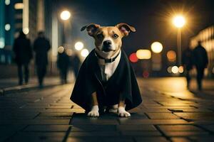 a dog dressed in a tuxedo standing on a street at night. AI-Generated photo