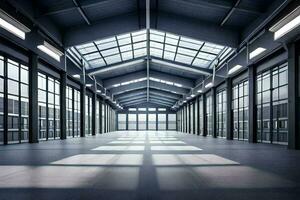 an empty warehouse with large windows and a lot of sunlight. AI-Generated photo