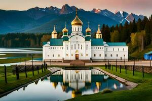 the white church in the middle of a lake. AI-Generated photo