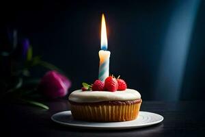 a cupcake with a single candle on top. AI-Generated photo