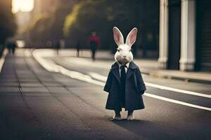 un Conejo vestido en un traje y Corbata en pie en un calle. generado por ai foto