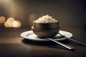 rice in a bowl on a plate with spoon and spoon. AI-Generated photo