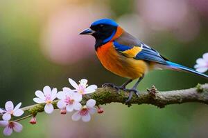 a colorful bird sits on a branch with pink flowers. AI-Generated photo