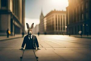 un Conejo en un traje soportes en el calle. generado por ai foto