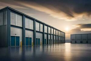 a large warehouse with doors open at sunset. AI-Generated photo