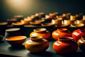a row of colorful ceramic bowls on a table. AI-Generated photo