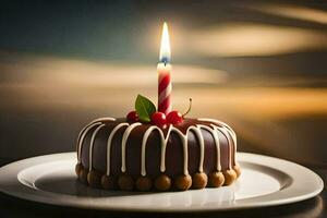 a chocolate birthday cake with a single candle. AI-Generated photo