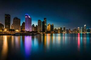 el ciudad horizonte a noche en Dubái generado por ai foto