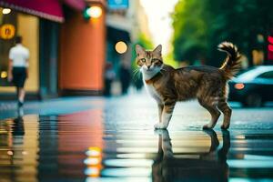 a cat walking on a wet street with a reflection. AI-Generated photo