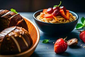 pasta with strawberries and nuts on a wooden table. AI-Generated photo