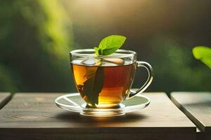 a cup of tea with mint leaves on a wooden table. AI-Generated photo