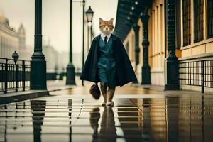 un gato vestido en un traje y Corbata caminando abajo un calle. generado por ai foto