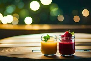 two glasses of juice on a table with a light background. AI-Generated photo