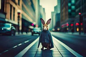 a rabbit in a suit is sitting on the street. AI-Generated photo