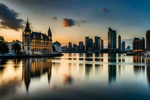 el ciudad horizonte es reflejado en el agua a puesta de sol. generado por ai foto