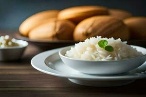 un cuenco de arroz con un cuchara y un cuenco de nueces. generado por ai foto