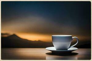 un taza de café en un mesa con montañas en el antecedentes. generado por ai foto