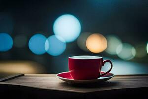 a red cup sits on a wooden table in front of a blurred background. AI-Generated photo