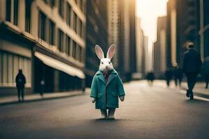 a rabbit in a blue coat standing in the middle of a city street. AI-Generated photo