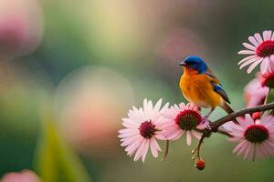 un azul y naranja pájaro es encaramado en un rosado flor. generado por ai foto