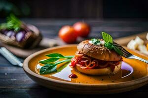 un hamburguesa con tomate salsa en un lámina. generado por ai foto