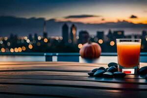 glass of orange juice on a wooden table with city lights in the background. AI-Generated photo