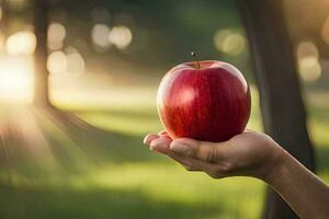 a person holding an apple in their hand. AI-Generated photo