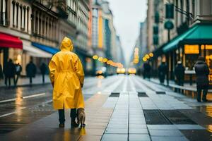 un hombre en un amarillo impermeable caminando abajo un calle. generado por ai foto