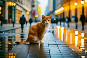 an orange and white cat sitting on the sidewalk. AI-Generated photo