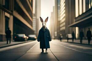 a rabbit in a coat stands in the middle of a city street. AI-Generated photo