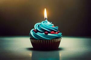 a blue cupcake with a single candle. AI-Generated photo