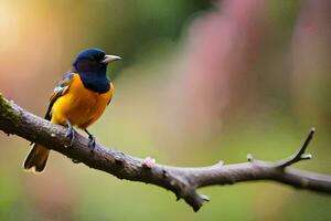 a bird sitting on a branch with a blurry background. AI-Generated photo