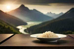 un plato de arroz en un mesa en frente de un montaña vista. generado por ai foto