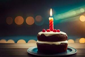 a birthday cake with a lit candle on top. AI-Generated photo